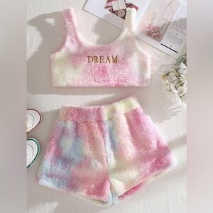 Qutie Letter Embroidery Tie Dye Flannel Tank Top & Shorts
